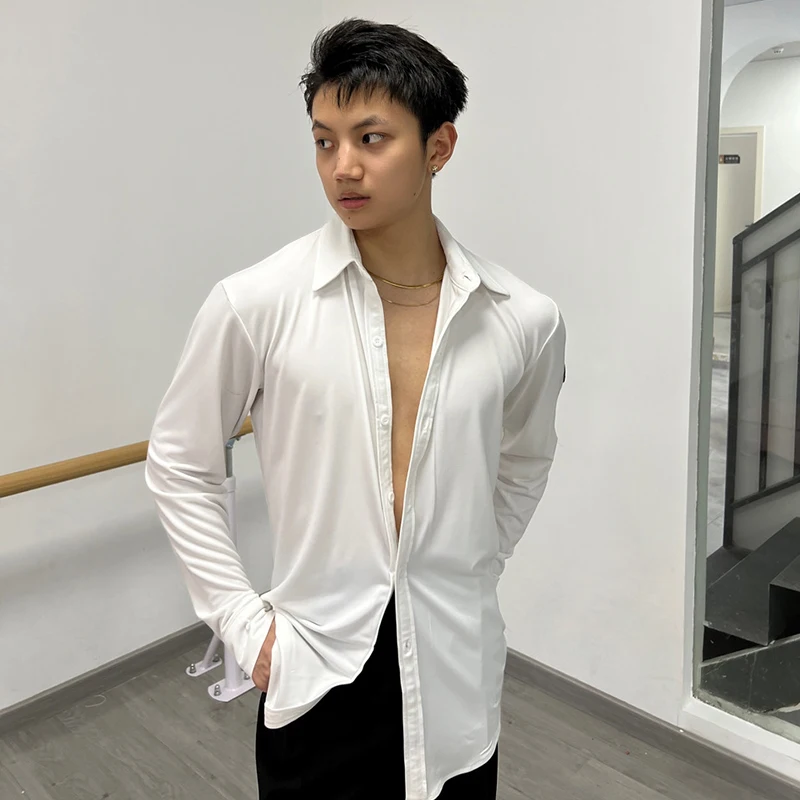 Weiß Latin Dance Top Für Männer Langarm Leistung Hemd Erwachsene Tango Rumba Tanz Kostüme Männlich Latin Praxis Kleidung VDL4090