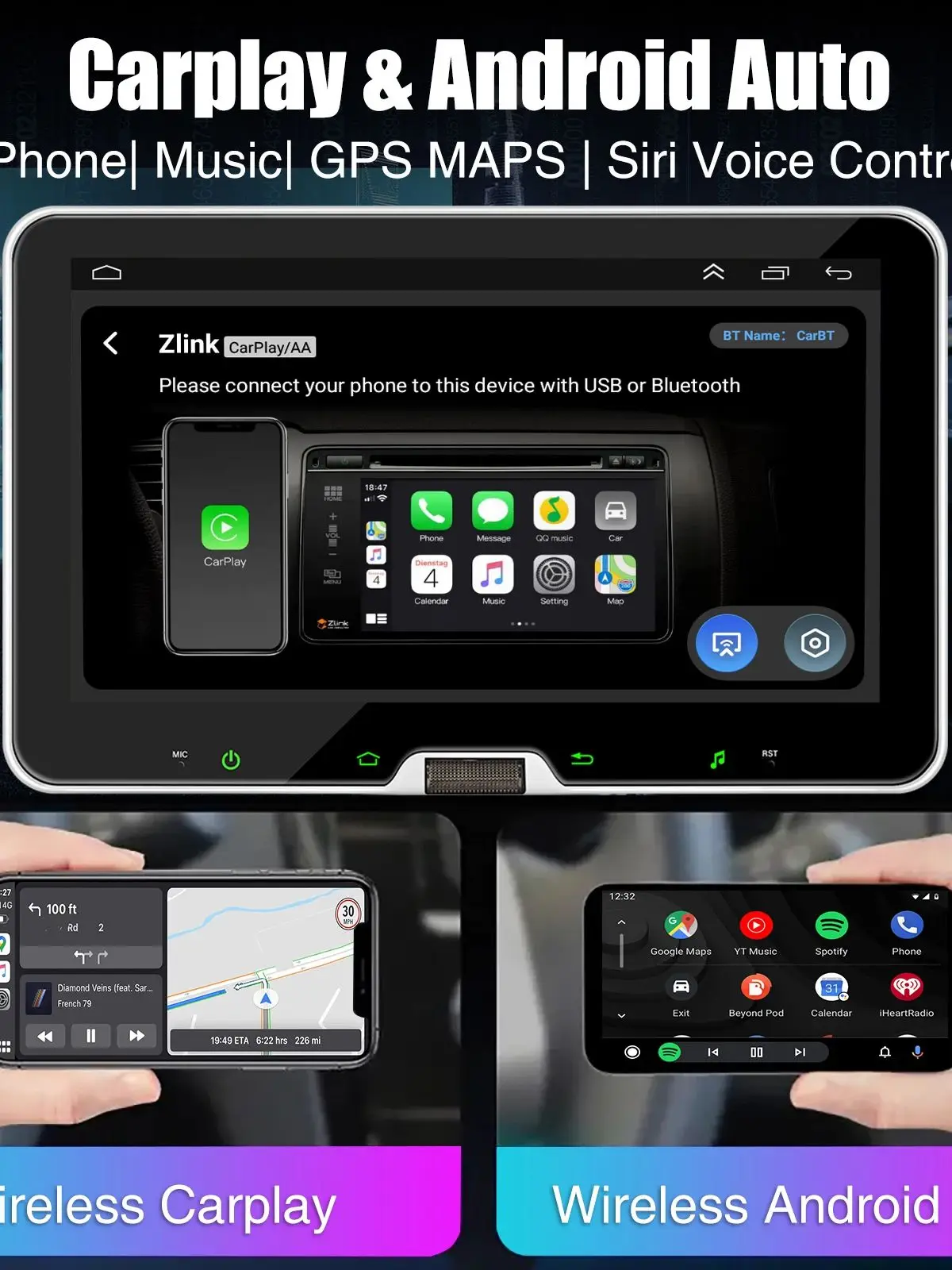 ESSGOO 10,1 Zoll Universal Drehbares Android 15 Autoradio Carplay Multimedia-Player GPS-Navigation Auto-Stereoanlage Bluetooth