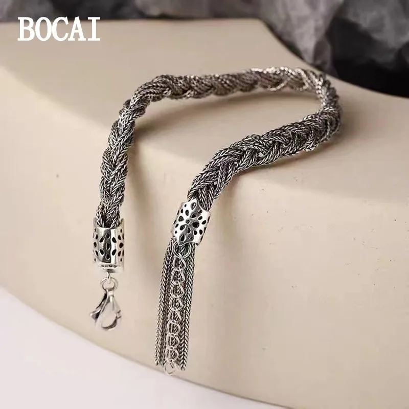 BOCAI NEW  S925 Silver Retro Fashion Luxury  Ol Design Knitting Fried Dough Twists Braid Bracelet Men And Women