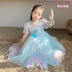 Summer Dress Baby Ball Gown Girl Dress Fluffy Yarn Sequin Mesh Sleeve Baby Kids Party Ball Wedding Childent Princess Girls Cloth