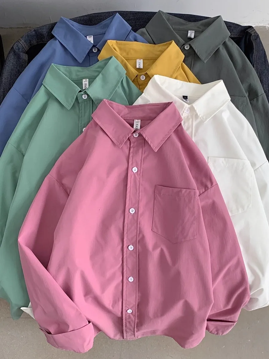 

Рубашка свободного кроя с длинными рукавами, однотонная, повседневная, универсальная, для многослойного ношения, в гонконгском стиле, весенне-осенняя, парная рубашка