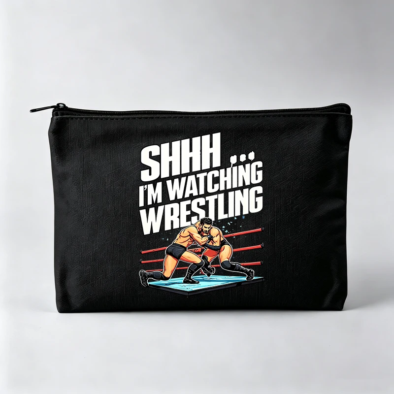 Wrestling Enthusiasts' Wrestling Scene Print Makeup Bag with Typography Graphic for Casual Use