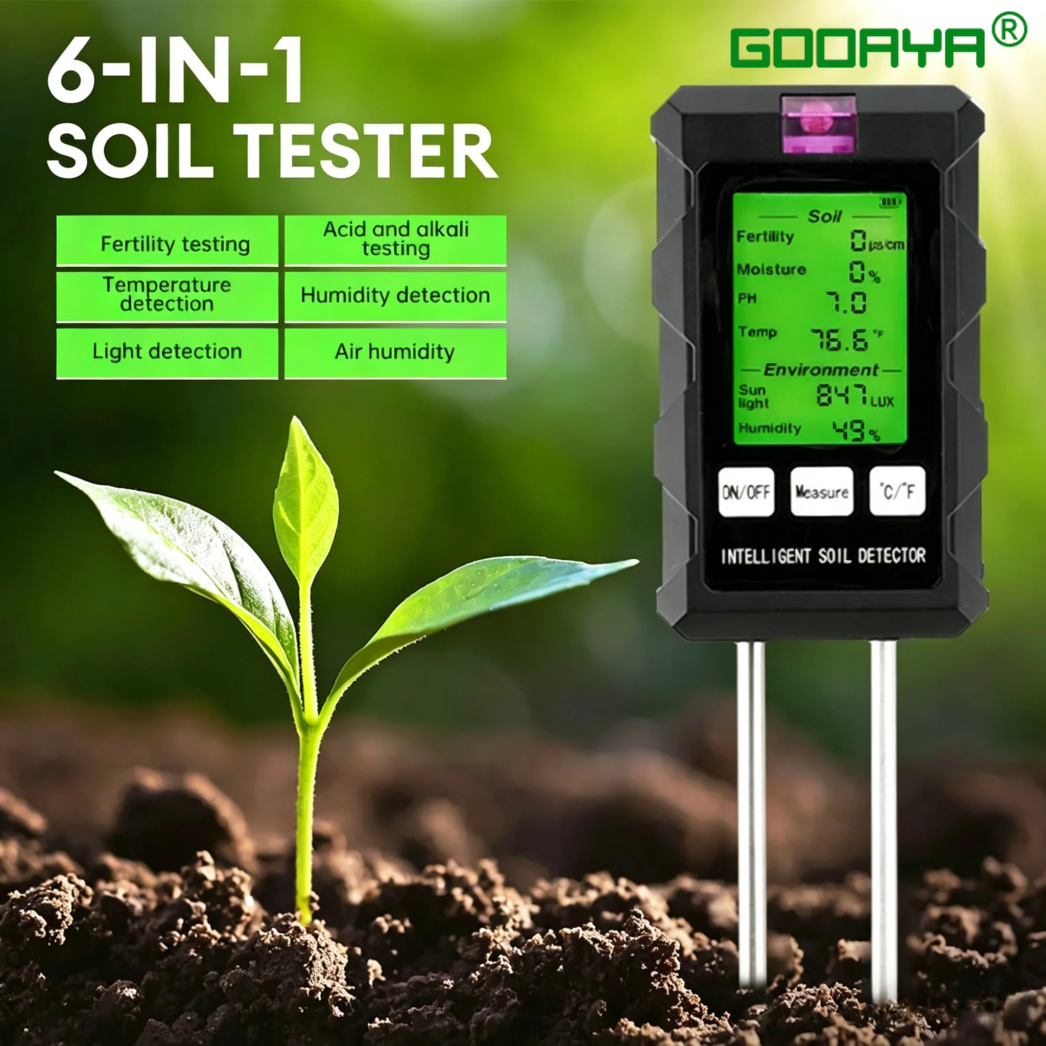 New 6 in 1 Soil PH Meter Sunlight Ambient Humidity Temp Soil Moisture Tester Nutrient Fertility Detector Garden Soli Analyzer