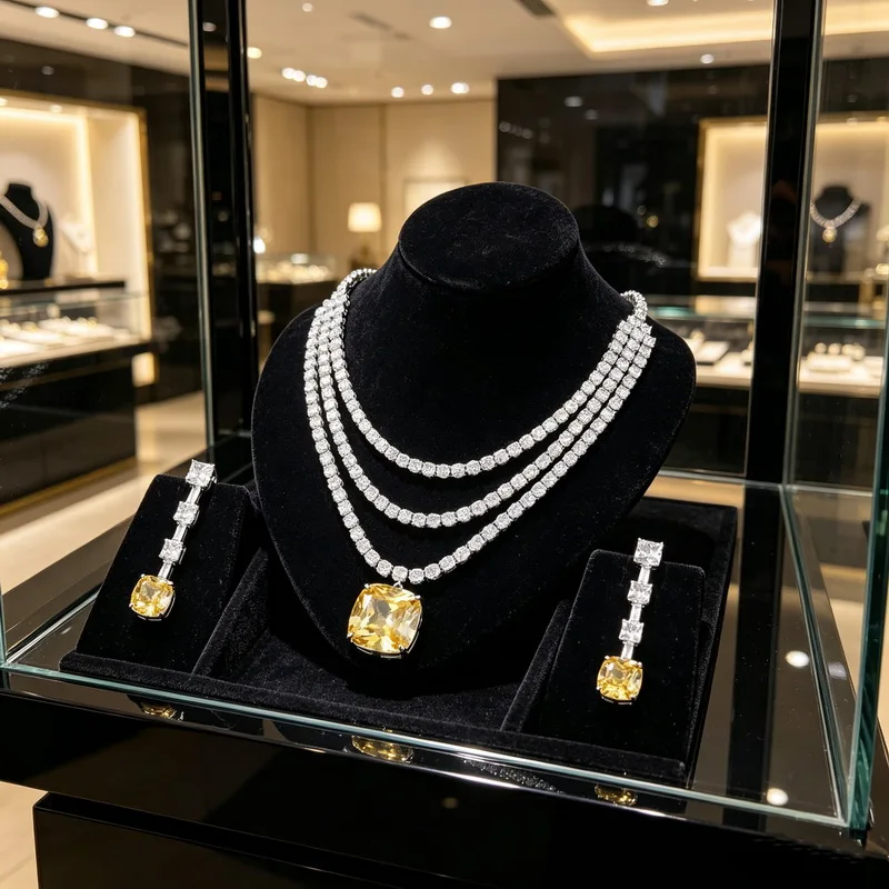 Europe America Style Earrings Necklace Inlay Cushion Brilliant Yellow Square Cubic Zircon Pendant Three-layer Chain Jewelry Sets