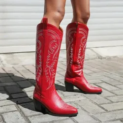Women Rome Bohemian Style Street Female Shoes Brown Red Black Embroidery Knee-high Chunky High Heels Western Cowboy Wide Boots