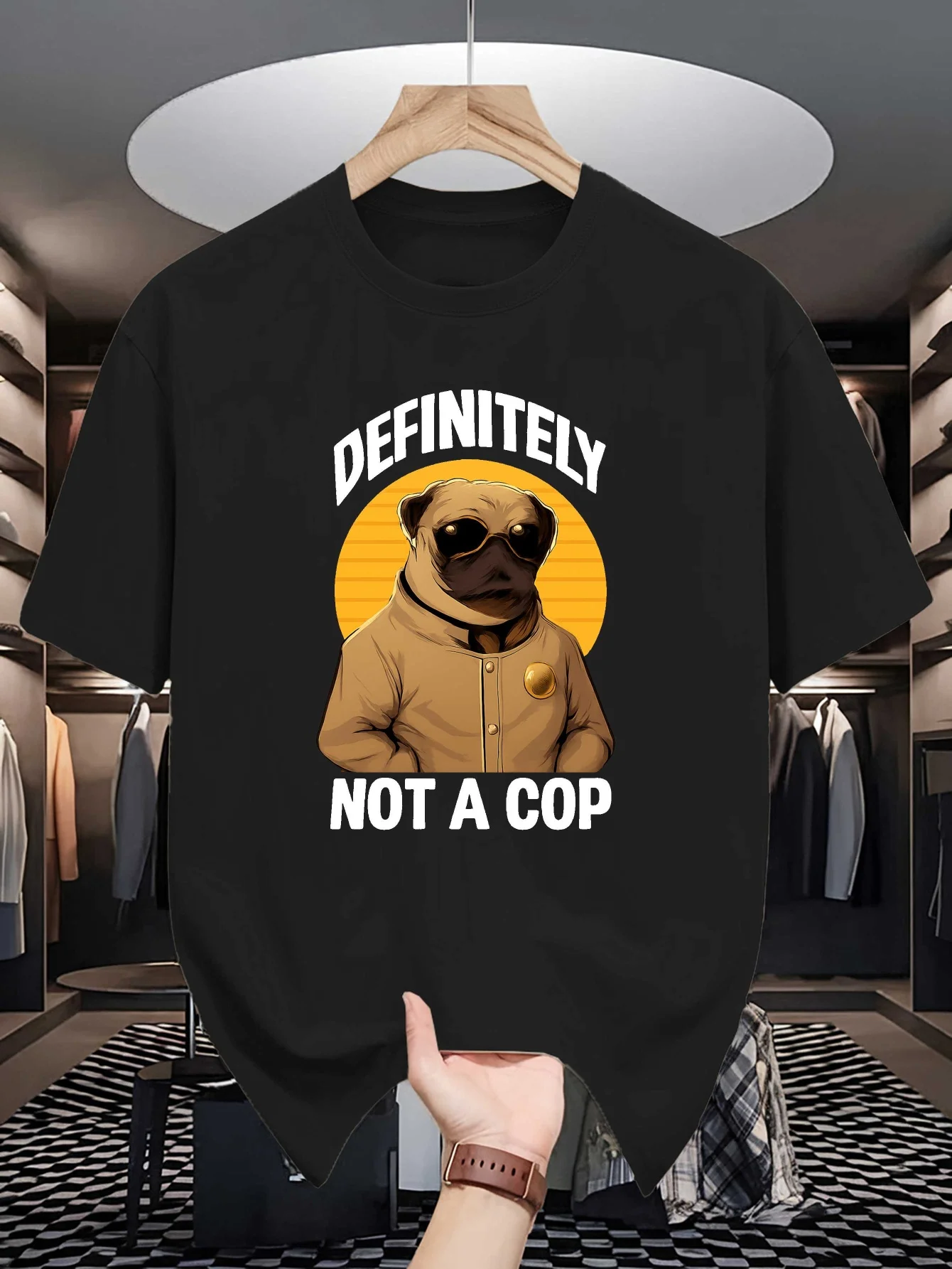 Sunglasses Pug Dog Graphic Mens Crew Neck T Shirt Definitely Not A Cop Funny Slogan Print Short Sleeve Casual Cotton Daily Tops
