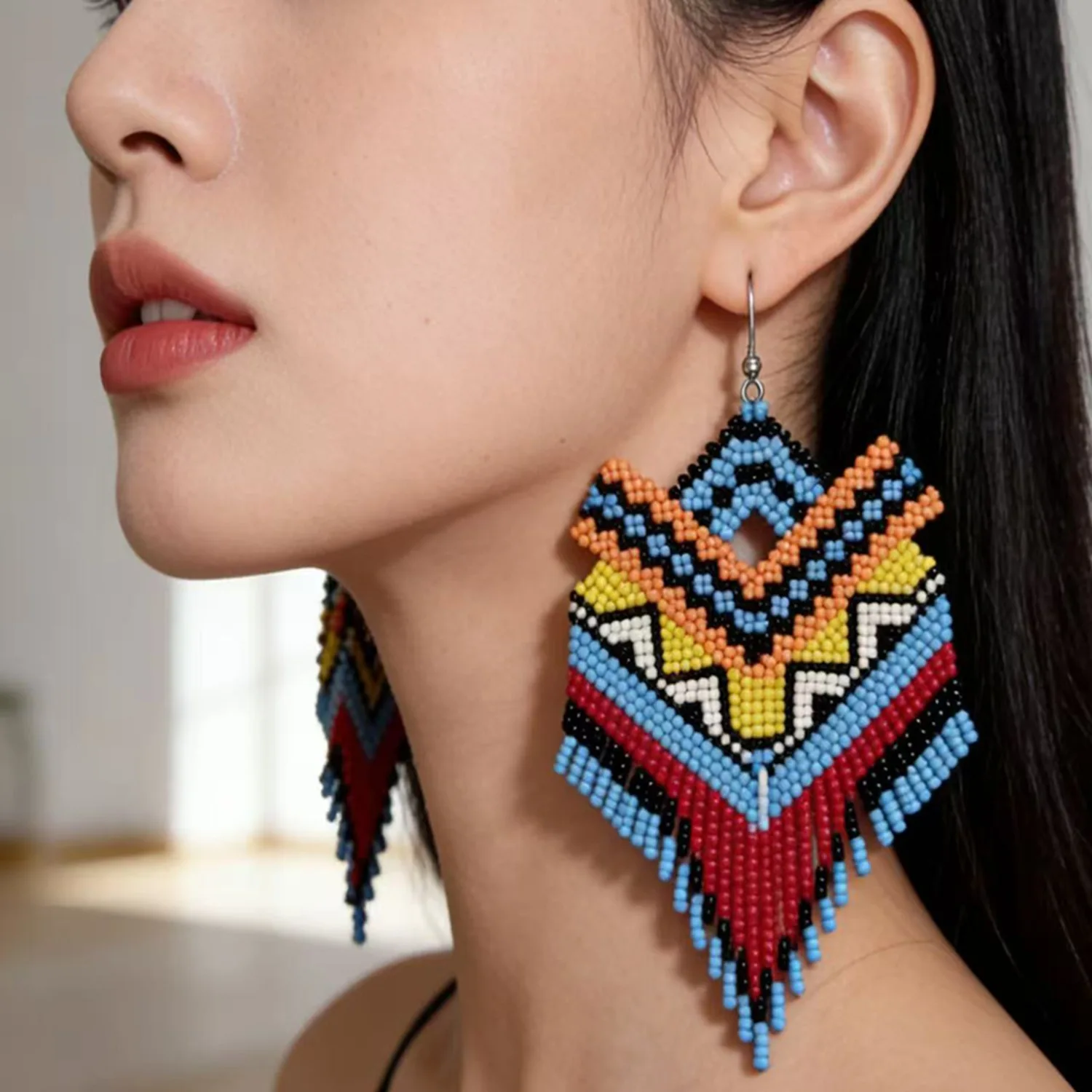 

ZGMXR Rice bead earrings Tassel Gradual color Geometry Rainbow Hand-woven Fashion Simple Alloy Woman Beaded earrings