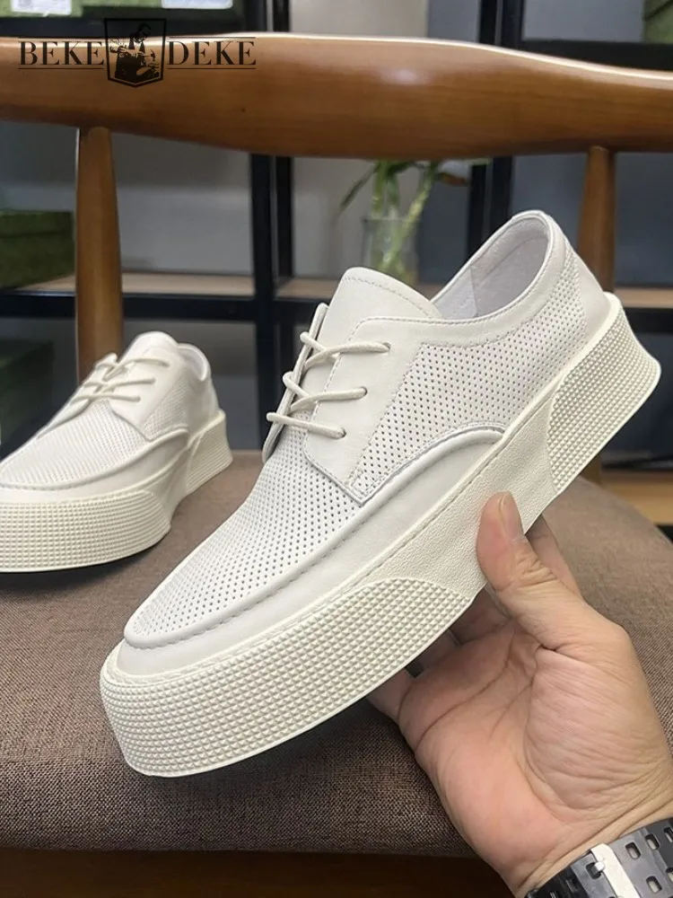 

Retro Cowhide Hollow Out Round Toe Platform Male Casual Shoes Versatile Genuine Leather Solid Color Breathable Lace-Up Sneakers