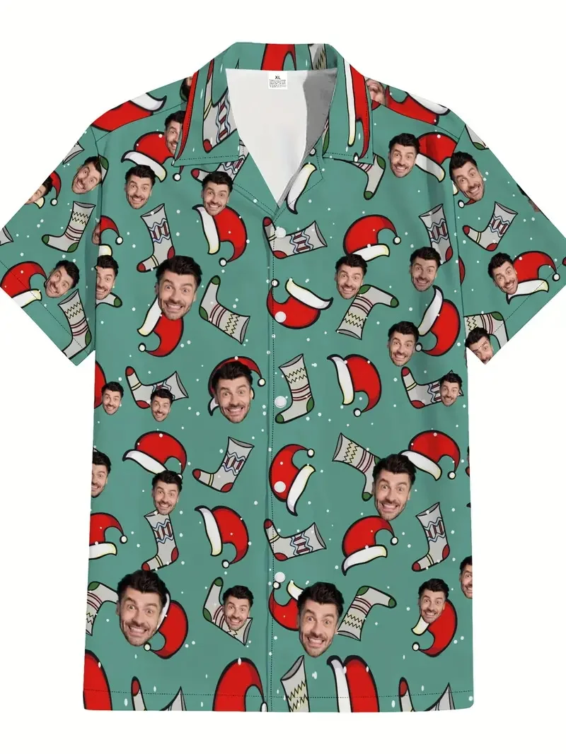 Camisas havaianas com foto personalizada para homens e mulheres, design tropical personalizado de Natal com chapéu de Papai Noel, camisa de praia com botão de rena