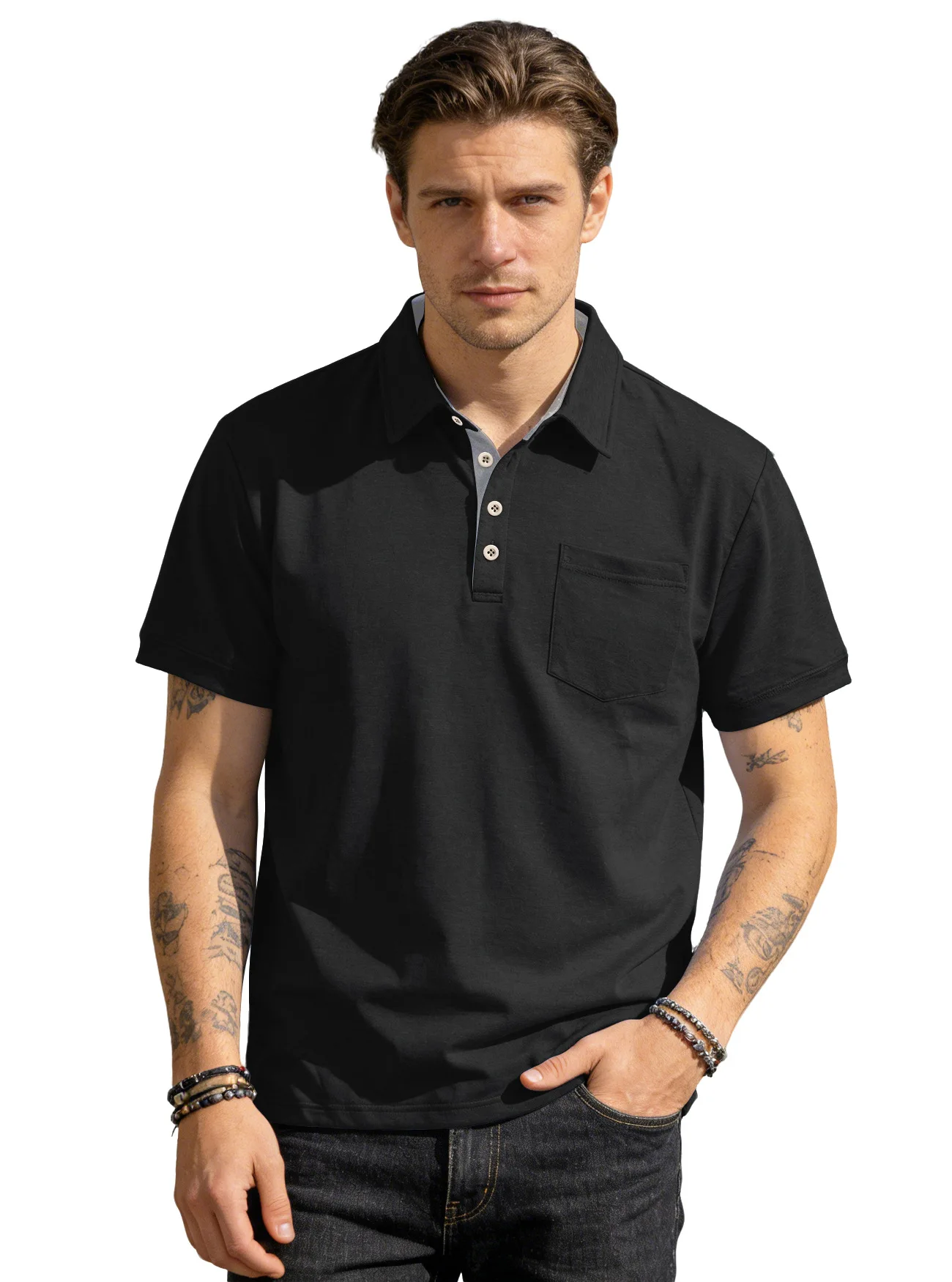 Men's knitted shot shirt casual sports lapel pocket solid color POLO shirt cw72770