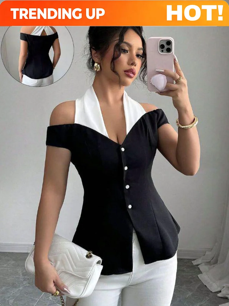 Women's Black White Contrast Off-Shoulder Top Halter Neckline Button Front Ideal for Evening Events Fashion-forward Outings