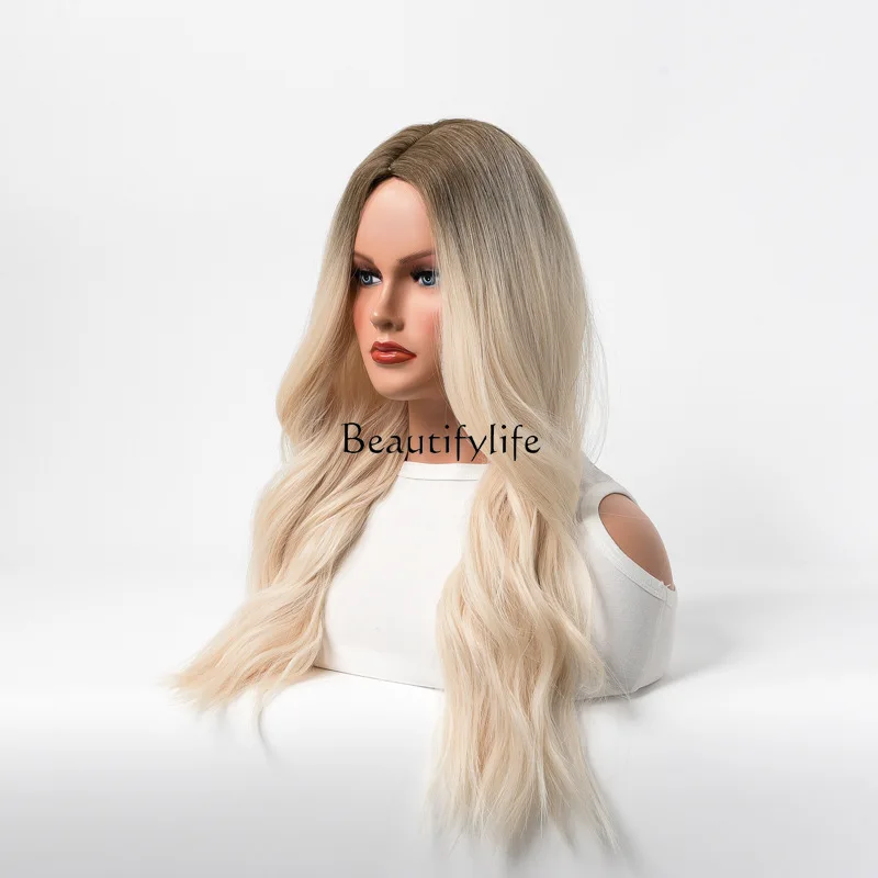 Ladies wig hood blonde gradual change long curly hair