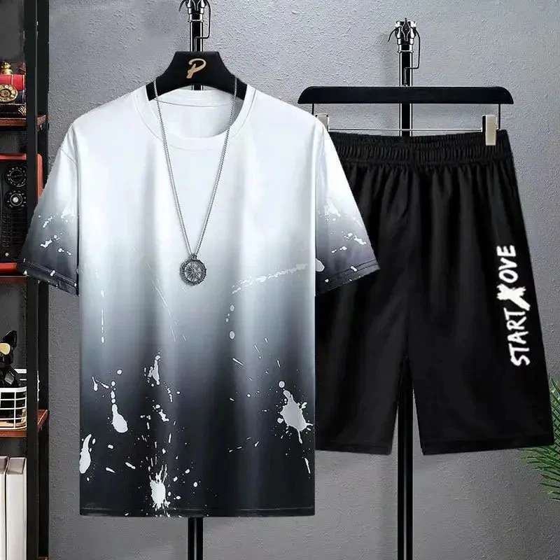 Men\'s Suit Gradient Summer Short Sleeve O-neck T-Shirt Set Fashion 2 Piece Streetwear 3D Printed Haweii Beach Shorts Sportswear