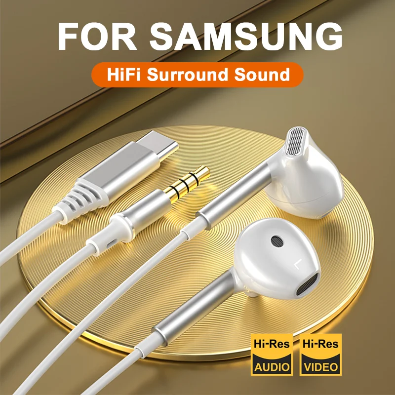 For Samsung Headphones HiFi Surround Bass With Mic USB Type C 3.5mm Music Wired Earplugs For Galaxy S24 Ultra iPhone 15 Pro Max