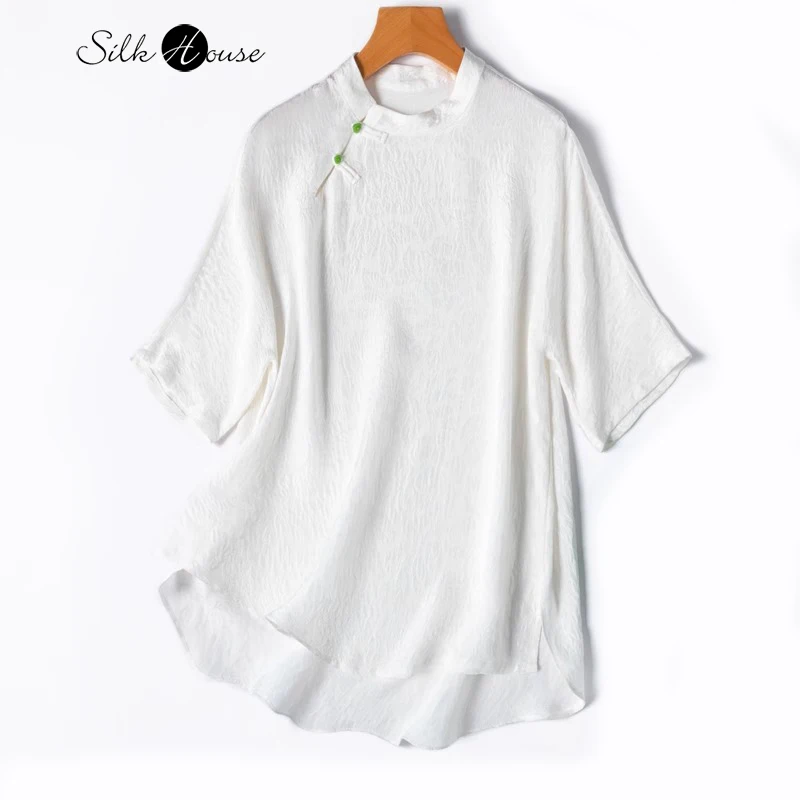 New Chinese Soft Glutinous Relief 100% Natural Mulberry Silk GuanLe Crepe Standing Neck Raglan Sleeve White Women's T-shirt