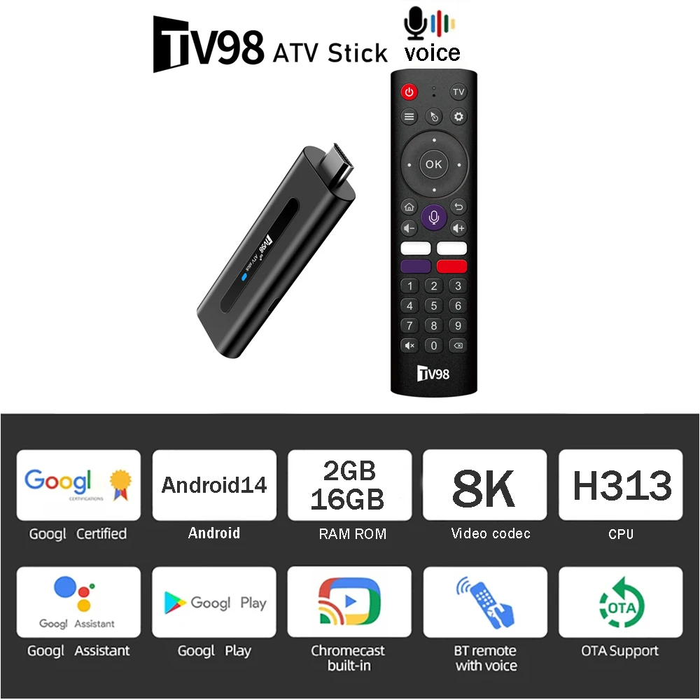 TV98 ATV Stick TV Stick Android 14 Allwinner H313 Quad Core iptv Support 8K 4K Video Wifi6 BT5.0 Voice Remote Smart TV Box