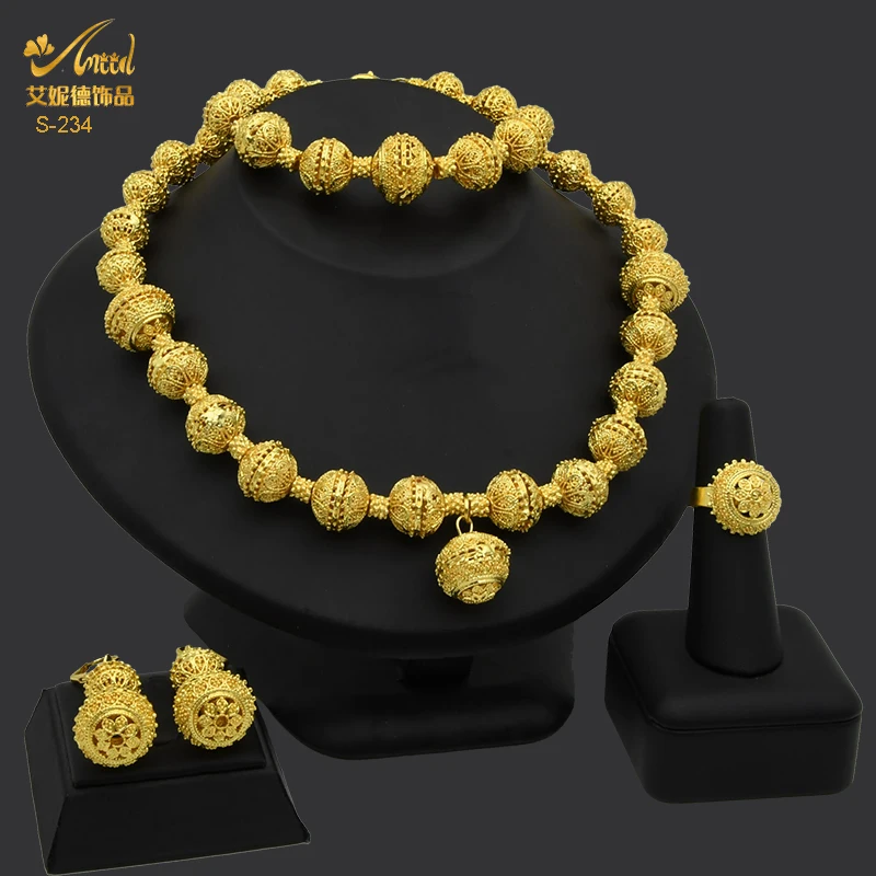 ANIID African Jewelry 24K Gold Plated Bead Necklace Bracelets Set Indian Bridal Accessories Gifts Luxury Jewellery Necklace Sets