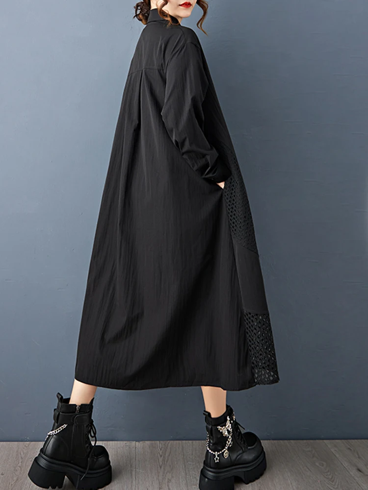 NYFS Abito camicia patchwork in rete vintage allentato taglie forti Autunno 2025 Abito da donna a maniche lunghe