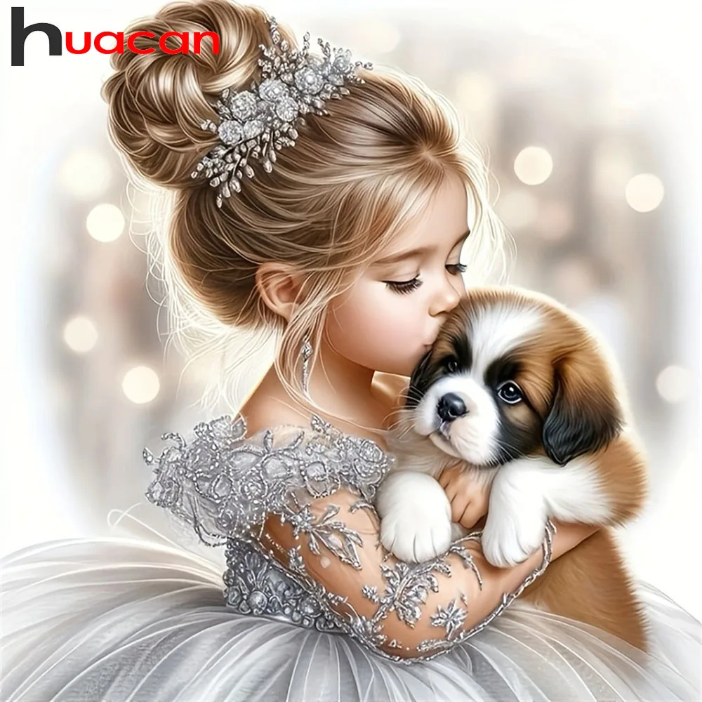 Huacan 5D Diamantmalerei Prinzessin mit Hund Diamant-Mosaik Porträt Tier-Kunst Dekorative Gemälde