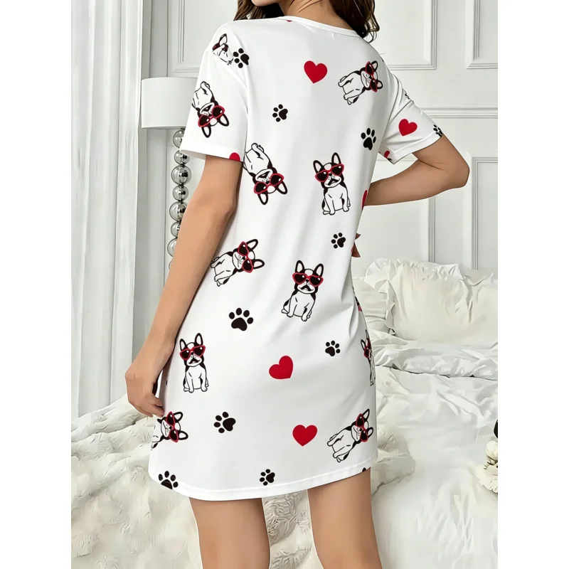 Women's Spring Summer White Sleep Dress Round Neck Short Sleeve Cute Cartoon French Bulldog Heart Paw Print