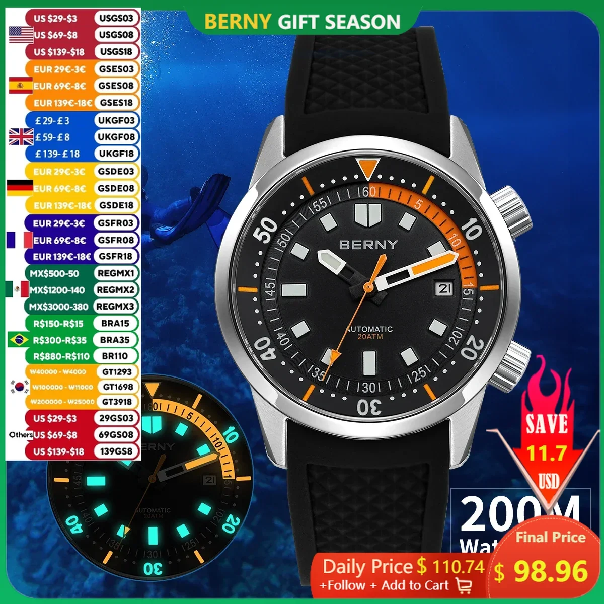 BERNY Relógios de Mergulho Masculino 200M À Prova D \'Água Super Luminoso Relógio de Mergulhador Mecânico Automático 42mm Safira Natação Relógio de