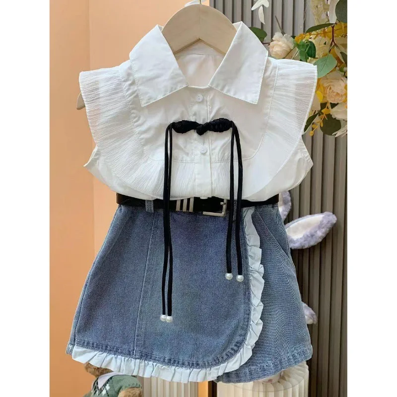 

Princess Style 2025 Summer New Baby Girl Flying Sleeve Shirt+Cowboy Lace Skirts Two Piece Set