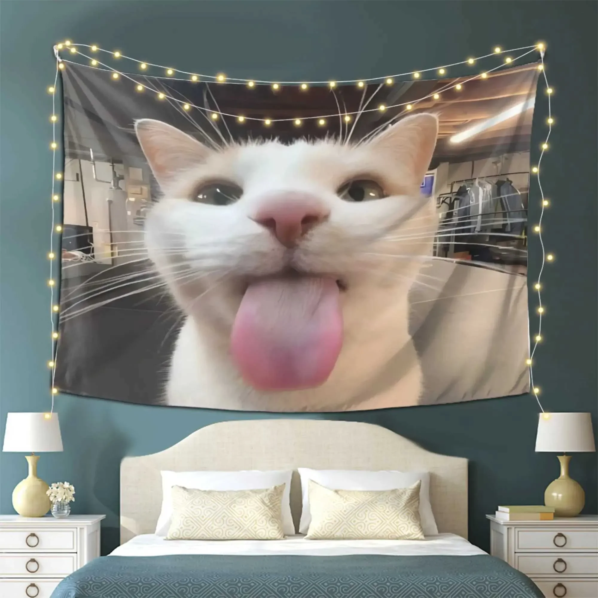 VIKAMA Cute Talking Cat Tapestry Living Room Sofa Background Wall Creative Decoration Warm Ins Style Bedroom Decoration Z260813