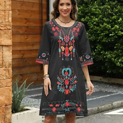 Eaeovni Women's Summer Boho Mexican Peasant Dress Short Sleeve Floral Embroidered Flowy Dresses Loose Hippie Bohemian Tunic