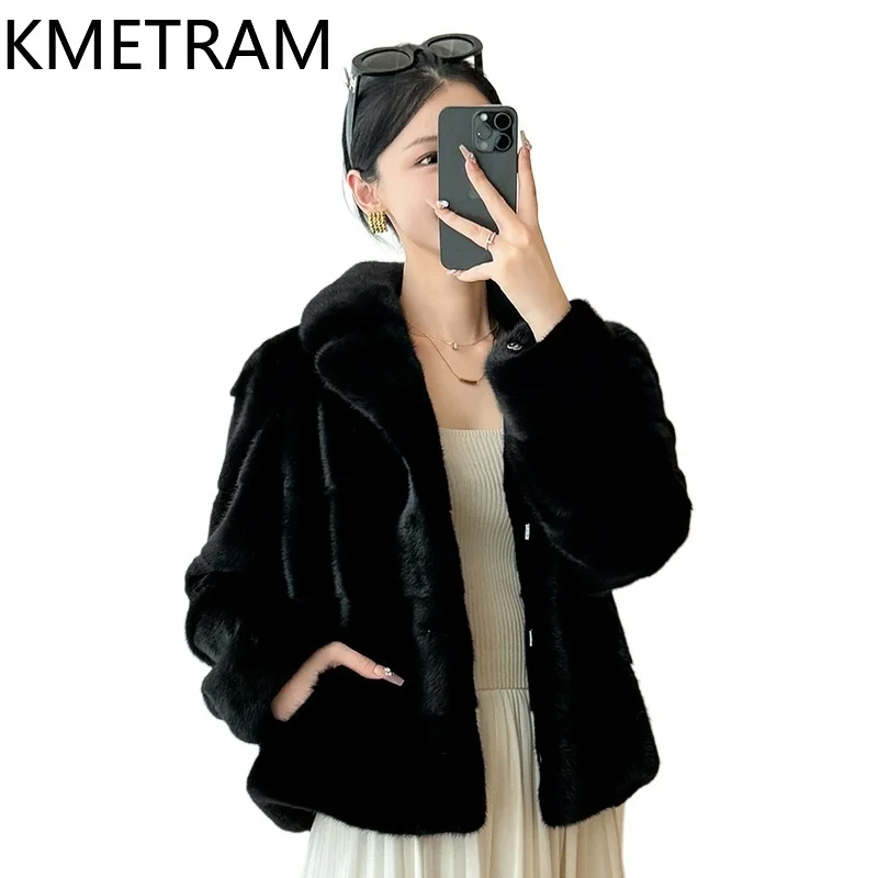سترة KMETRAM 100% من فرو المنك بالكامل بدلة نسائية بياقة قصيرة سترات من الفرو الحقيقي باللون الأسود لشتاء 2025 جديدة في معاطف ملابس نسائية شوروبا