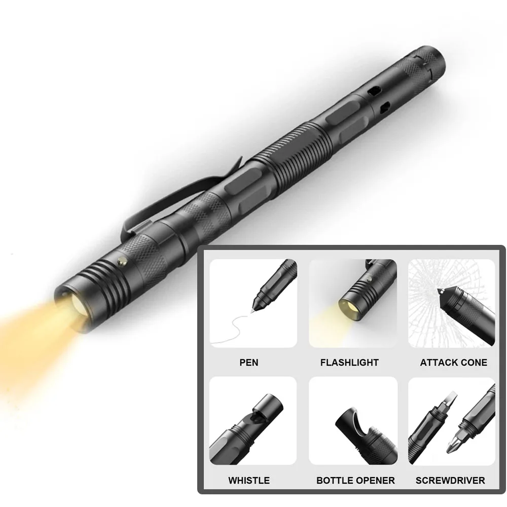 Stylo Tactique Militaire EDC avec Lampe de Poche LED Briseur de Vitre Défense Personnelle Stylo de Survie Outil Multifonction Sifflet d'Urgence