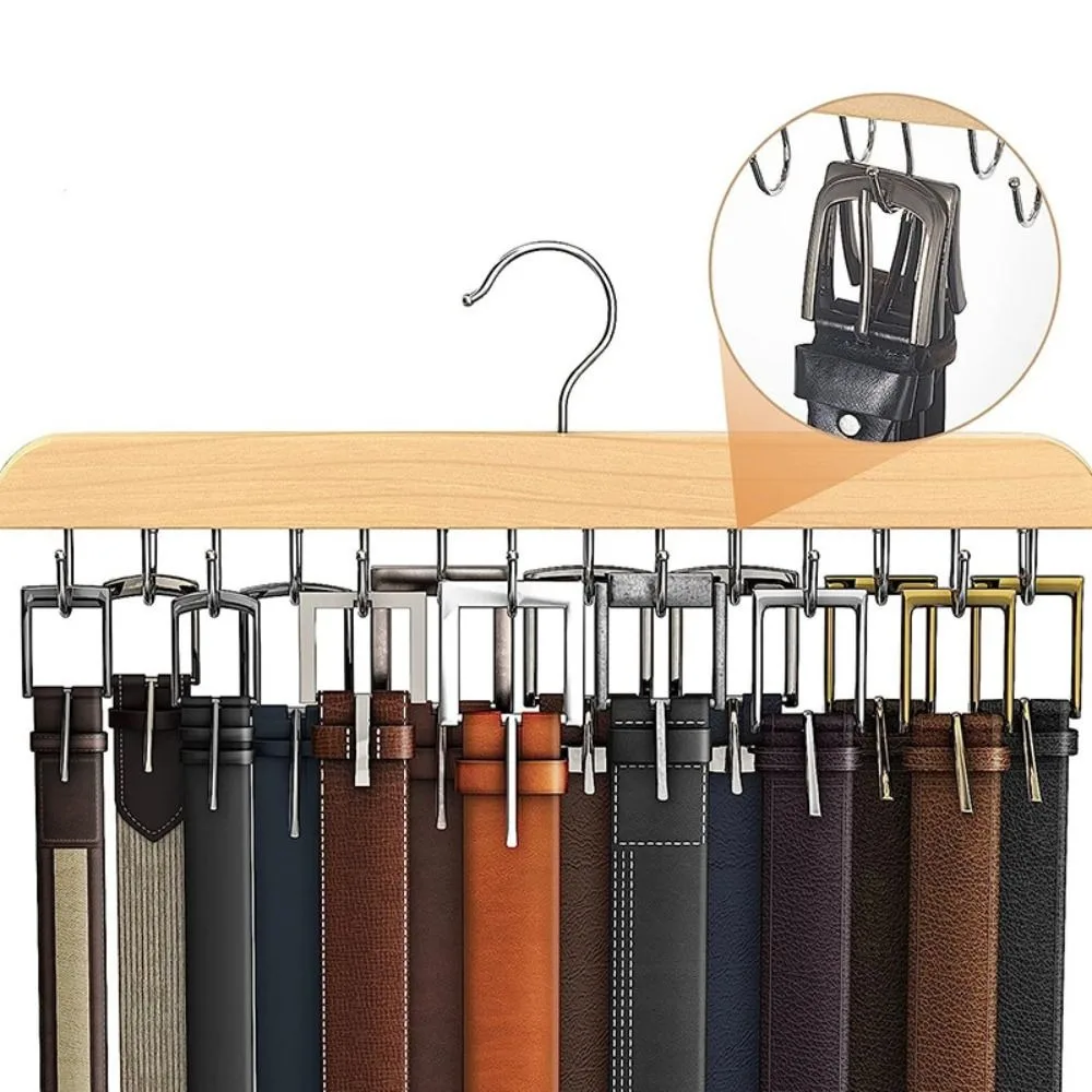 New Wooden 14/16/20 Hooks Belt Rack Multi-function Rotatable Non Slip Storage Rack Space Saving Household Belt Hanger