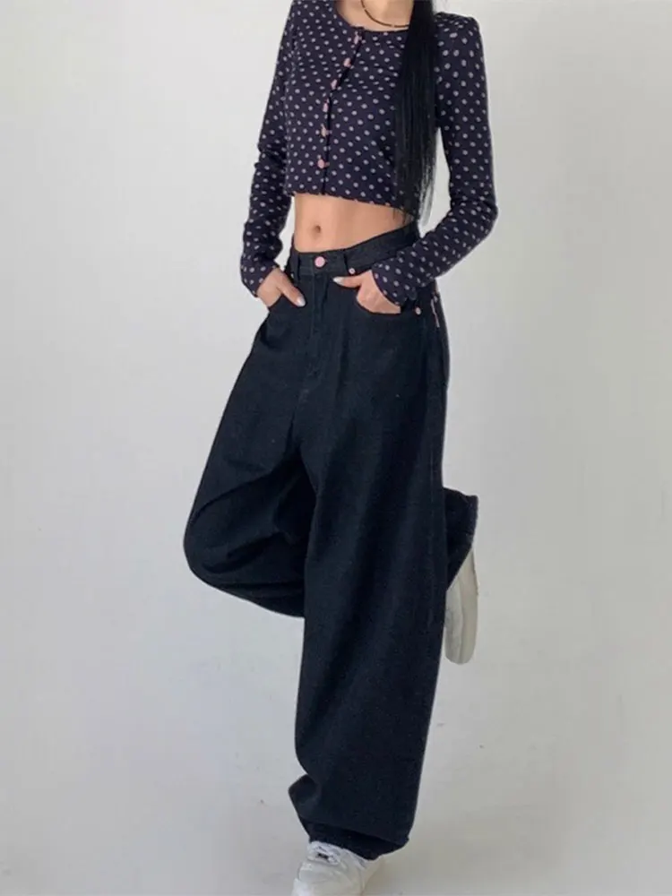 Jeans retrò a gamba larga a vita alta da donna, pantaloni estivi in denim con scritte ricamate e coltello drappeggiato, vestibilità dritta