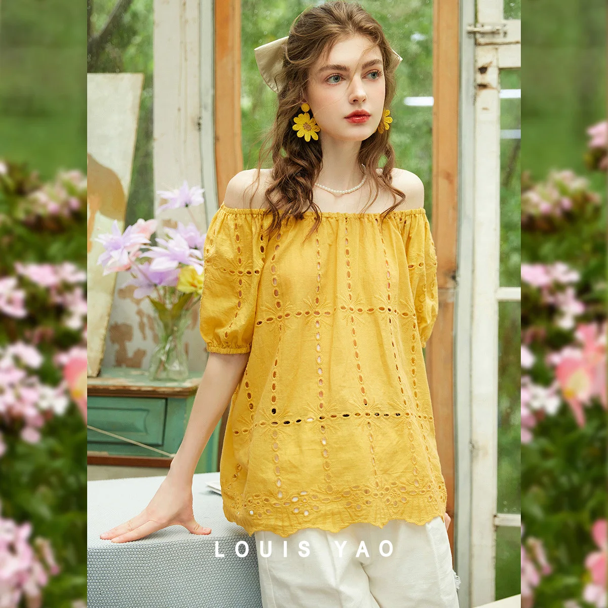 

LOUIS YAO Yellow Hollow Out Embroidery Blouse 2025 Summer Cotton 100% Women's Shirt Elegant and Sweet Puffed Short Sleeves Top