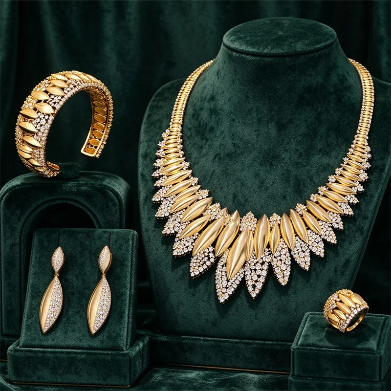 4Pcs Rhinestone Statement Necklace Earrings Bracelet Ring Luxury Zircon Bridal Wedding Banquet Women Jewelry Set Christmas Gift