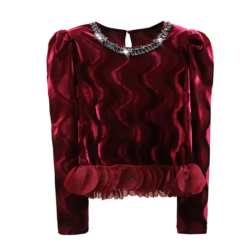 Diamond studded nail bead shiny exterior bottom shirt 2024 autumn Korean  high waist short petal wave edge shirt