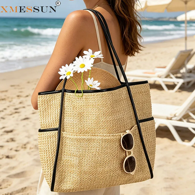 New Women Vacation Fashion Summer Beach Shoulder Bag Portable Large Capacity Hollow Out Handwoven Tote Bag Girls Travel Handbags