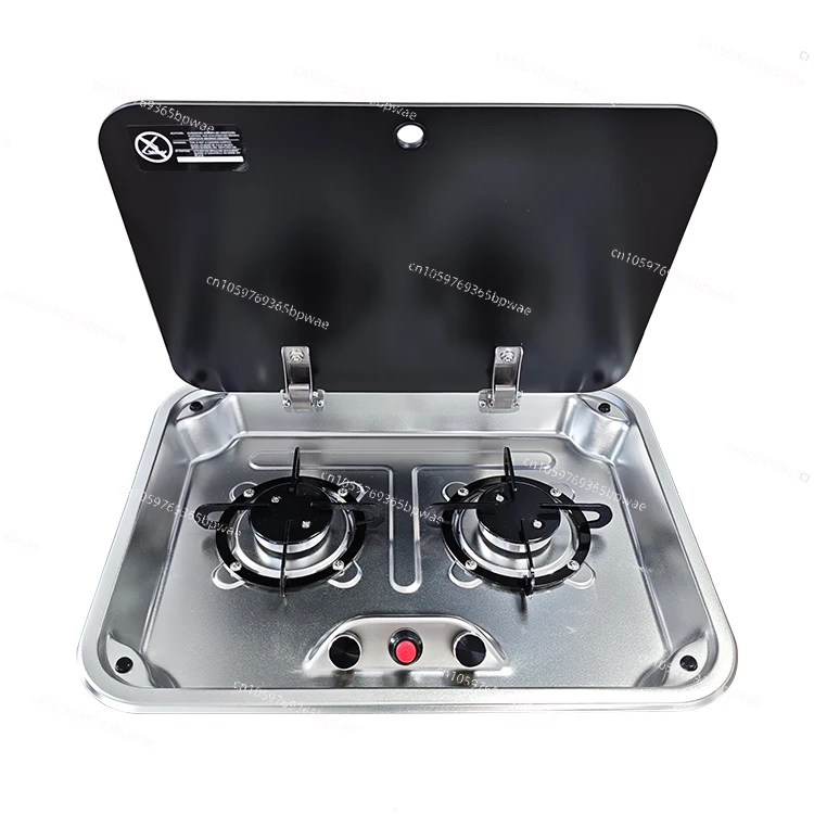 Stainless Steel RV Cooktop Gas Stove Built-in 2 Burner with Glass Cover Gas Burner for Household RV Picnic Marine