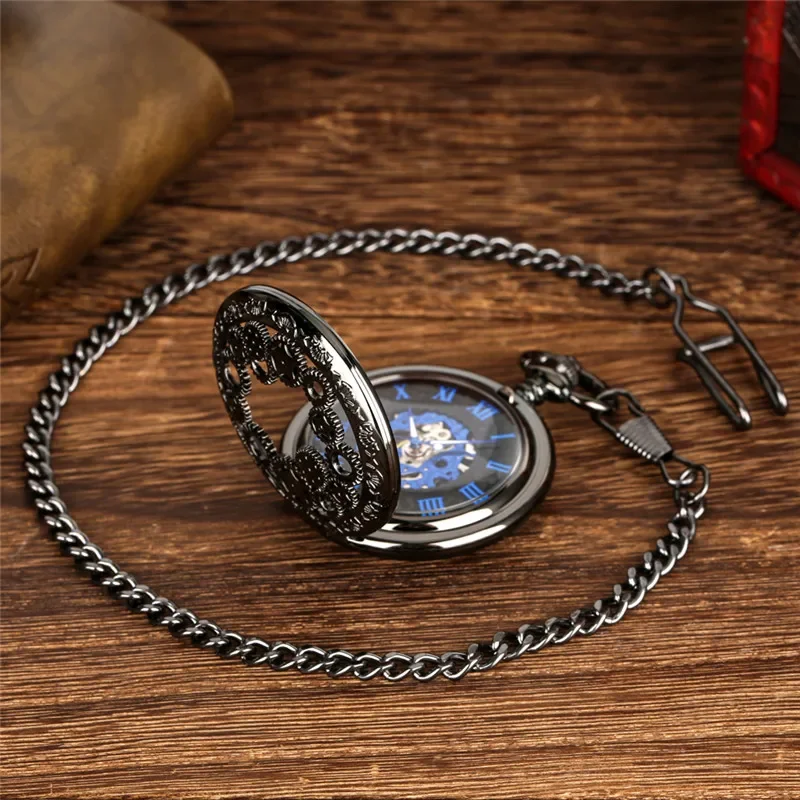 Antique Pocket Watch Black Hollow Gear Cover Hand Winding Mechanical Clock Pendant Chain Luminous Hands Antique Timepiece