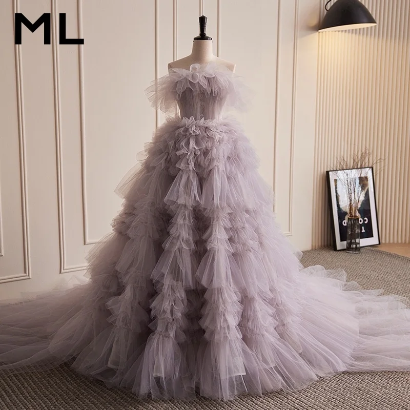 ML Luxury Wedding Dress Sweetheart Ruched Tiered Tulle Ball Gown for Bride Party Korea Photo shoot Customized robe de mariee