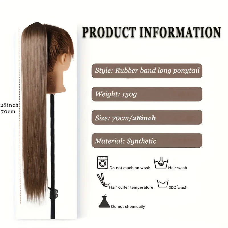 Ponytail Extension -28 inch Rubber Band Long Straight Ponytail Female Extension, Soft Synthetic Ponytail Wig