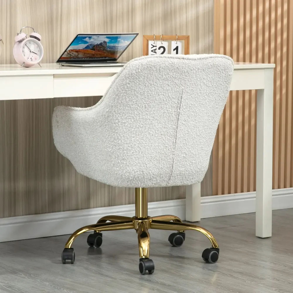 360° Beige Boucle Fabric Swivel Chairs with High Back Adjustable Working Chairs Golden Color Base Gaming Chairs Computer Chair