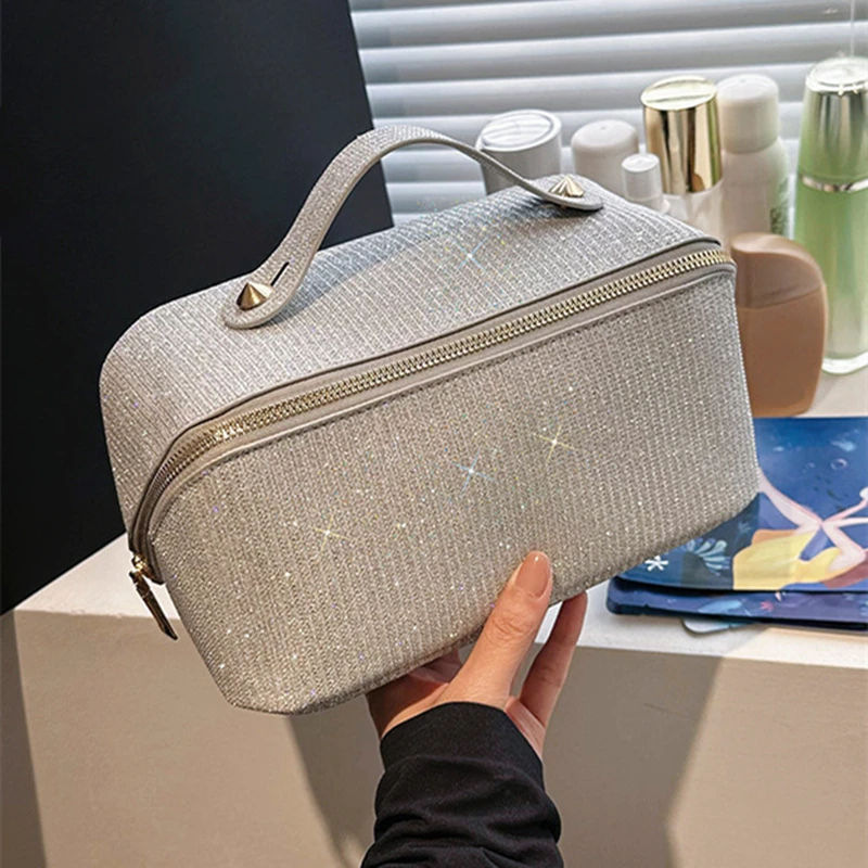 Borse per cosmetici con strass borsa per il trucco da donna di design borsa da toilette da viaggio multifunzionale da appendere con Flash dorato