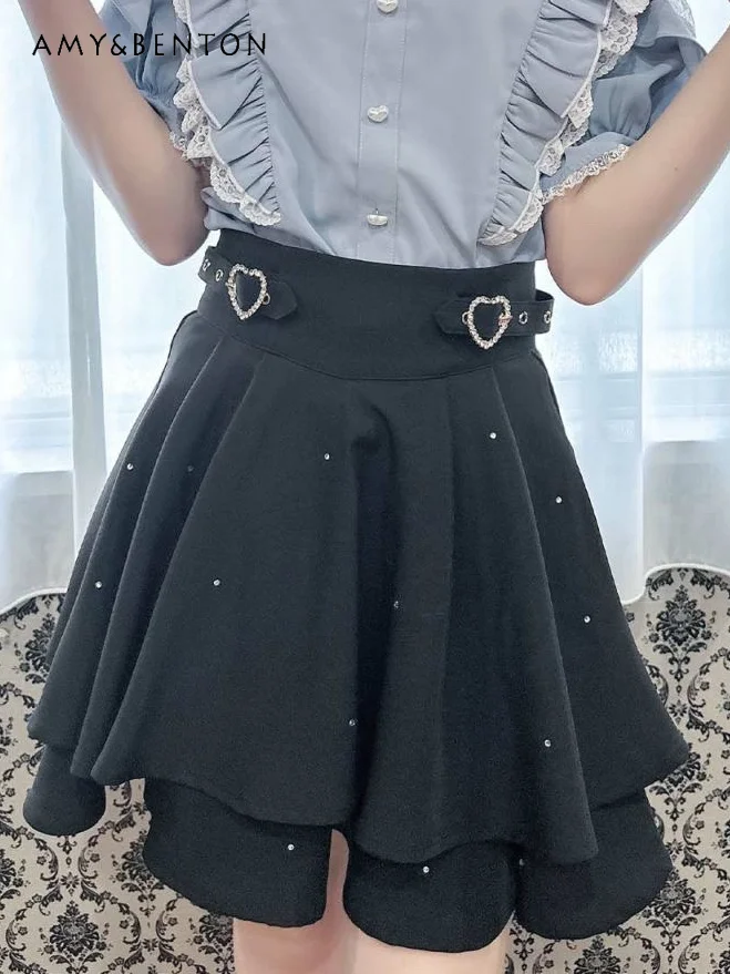 Mine Series Mass-produced Cute Heart Buckle Bow Diamond Mini Skirt Japanese Simple Double-layer Skirt Women Sweet Rojita Skirts