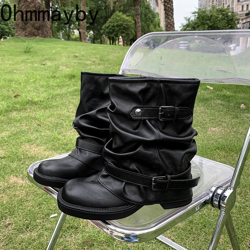 Autumn Women Slouch Mid Calf Cowboy Boots Double Metal Buckle Straps Leather Block Heel Shoes Motorcycle Short Boots