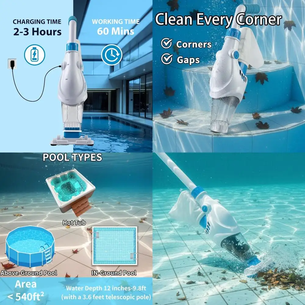 Cordless Pool Vacuum with Telescopic Handle for Above and In-Ground Pools | 60-Min Battery, 11 GPM Suction, Dual Filters