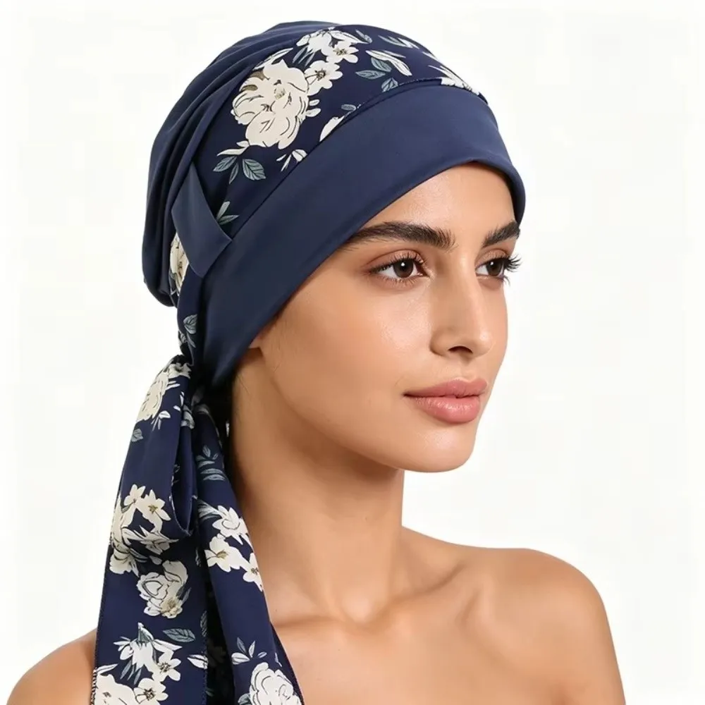 Practical Two Piece Set Hijab Print Pattern Pre Tied Design Pre Tied Turban Hat Soft Material Breathable Bandana Hat Daily Wear