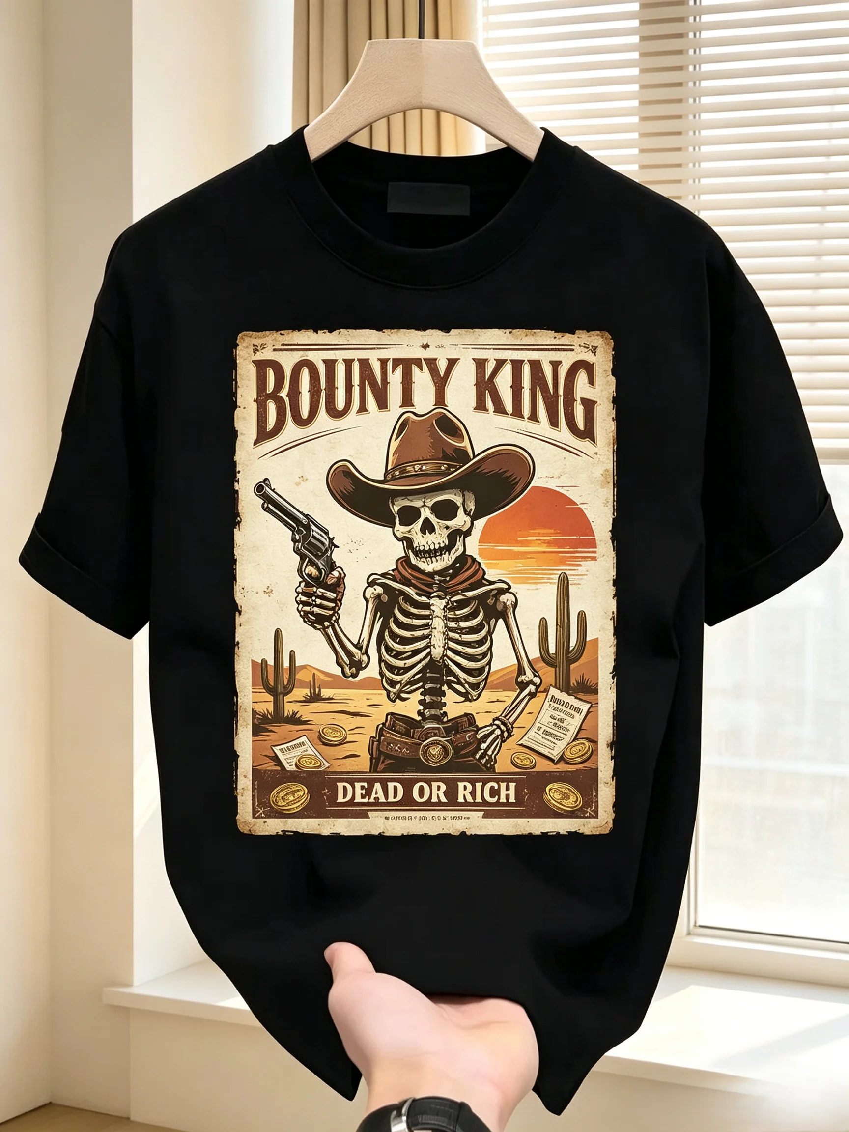 Unisex BOUNTY KING Skeleton Cowboy Wanted Poster Graphic T Shirt Men Women Vintage Western Desert Cactus Short Sleeve Black Streetwear Tee