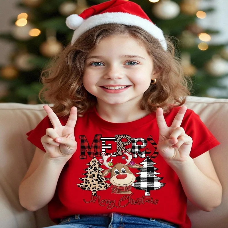 2026 Summer Girls Fashion Versatile Cute Christmas Print Cartoon T-Shirt Short Sleeve