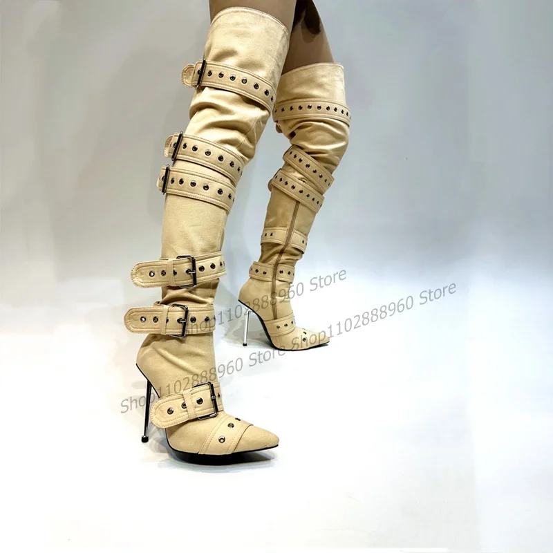 Over The Knee Solid Belt Buckle Decor Boots Thin High Heel Women Shoes Side Zipper Pointed Toe 2023 Fashion Zapatos Para Mujere