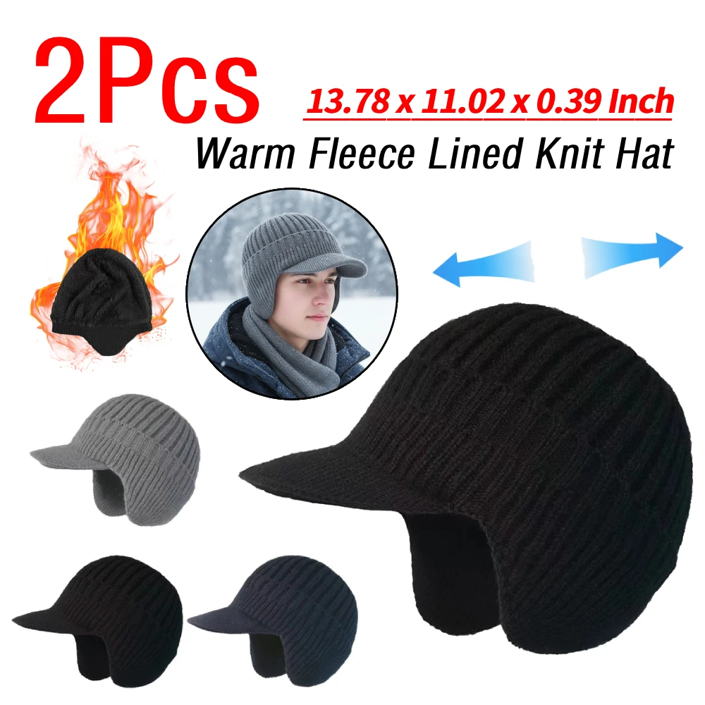 2Pcs Outdoor Warm Fleece Lined Knit Hat with Brim and Ear Flaps Stocking Caps Soft Beanie Cap Earmuff Ear Protector for Cycling
